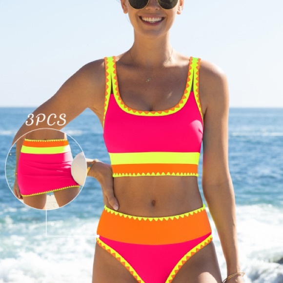 Popvil Neon Pink and Orange Women's 3 pc Swim Set - Picture 1 of 1